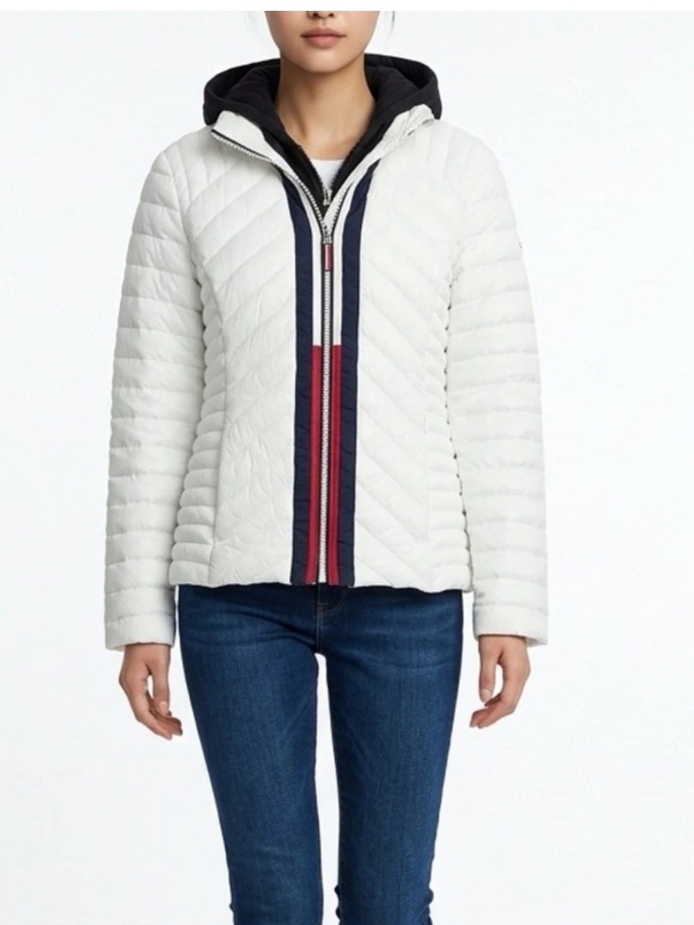 Tommy Hilfiger White Quilted Hooded Puffer with Red & Navy Trim